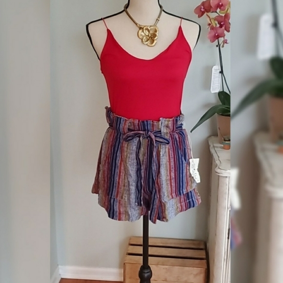 Linen Blend Striped Paper Bag Shorts - Picture 2 of 8